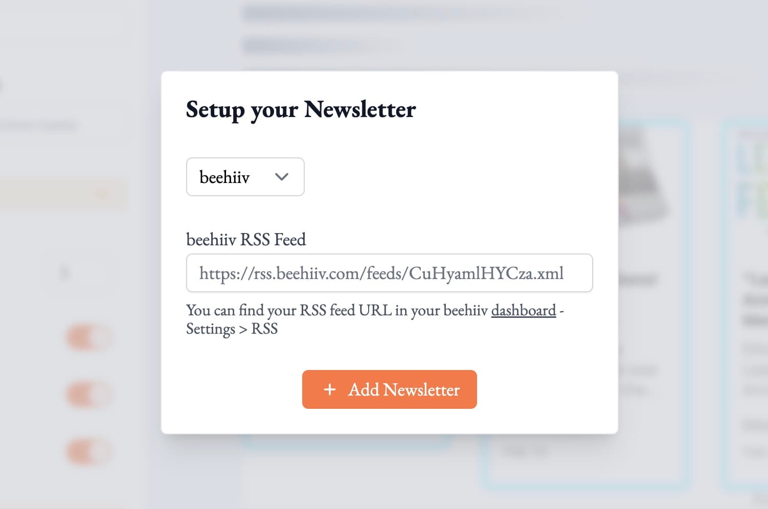 screenshot of add newsletter modal