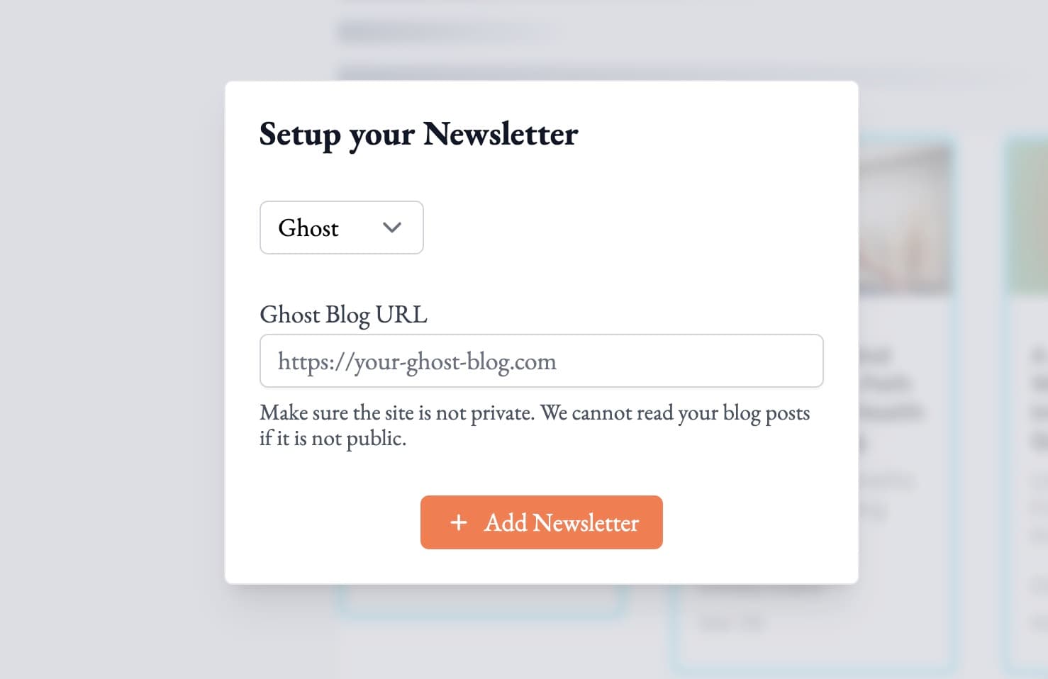 screenshot of add newsletter modal