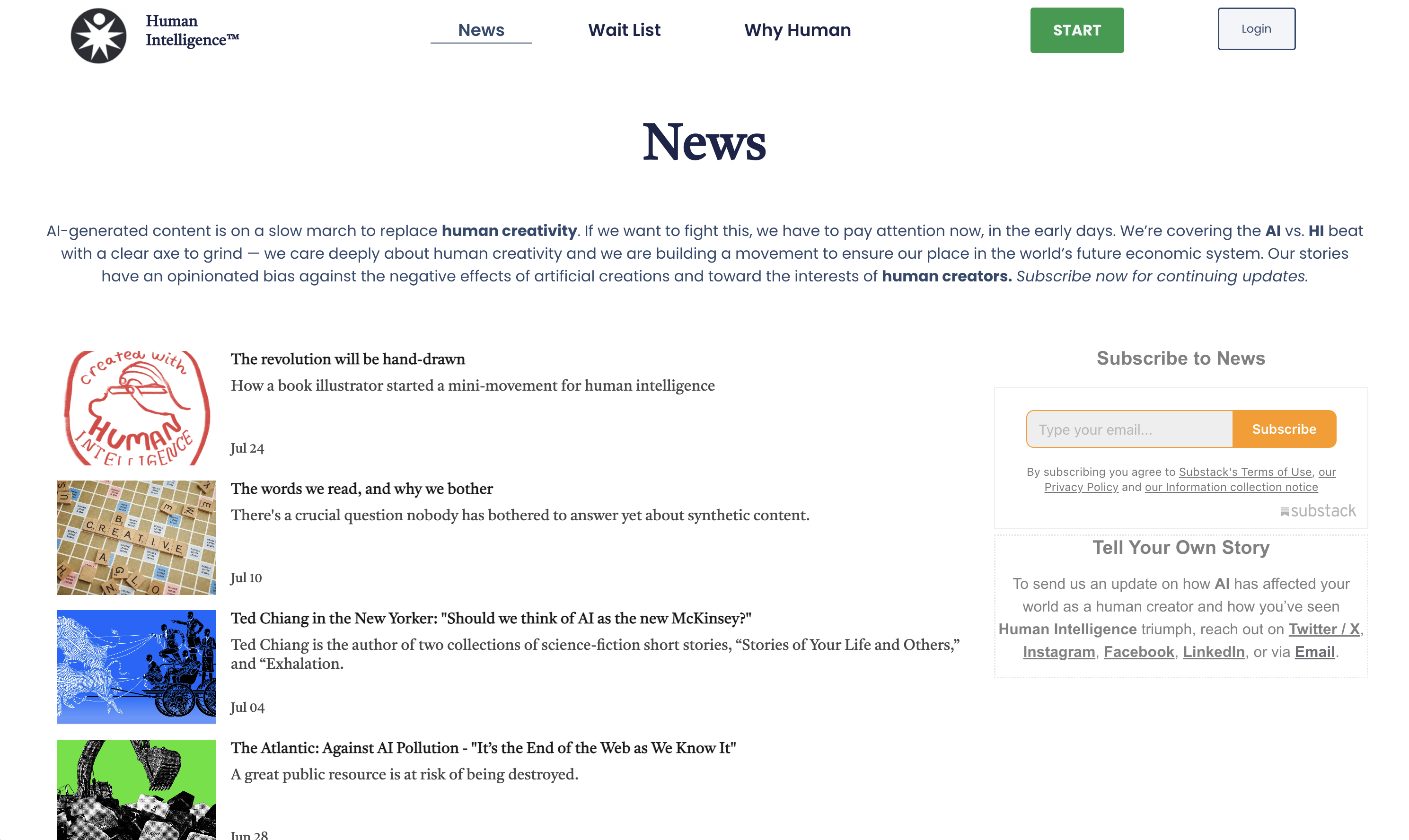 Screenshot for Human Intelligence newsletter